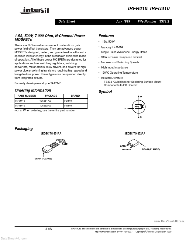 IRFR410 Intersil Corporation