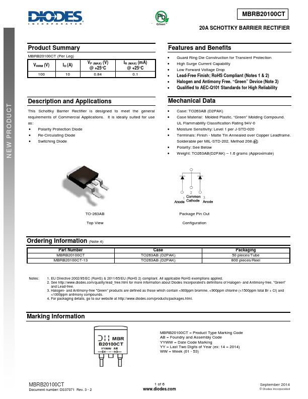 MBRB20100CT Diodes Incorporated