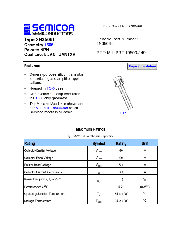2N3506L Semicoa Semiconductor