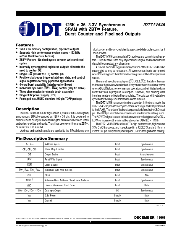 <?=IDT71V546?> डेटा पत्रक पीडीएफ