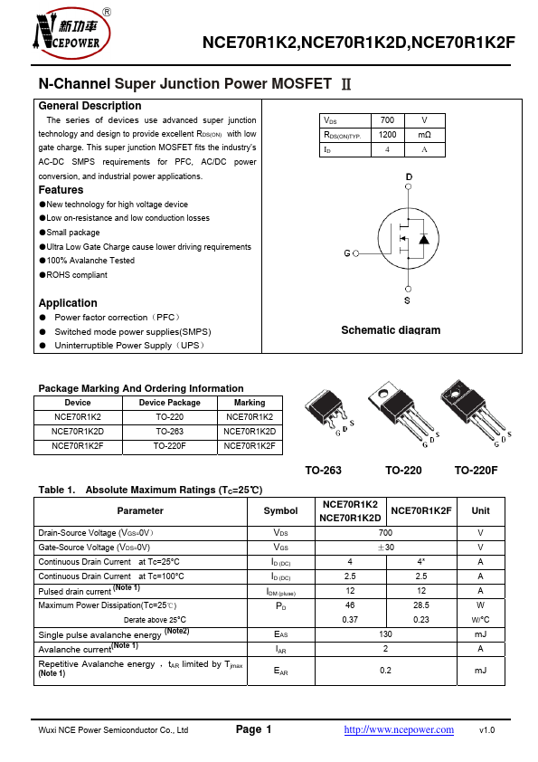 NCE70R1K2 NCE Power Semiconductor