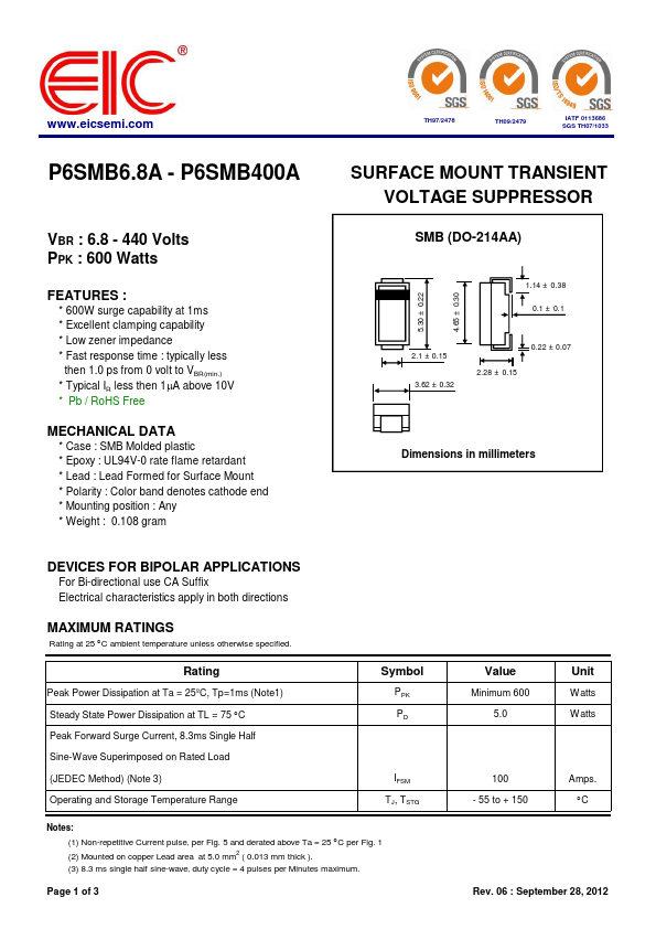 <?=P6SMB350A?> डेटा पत्रक पीडीएफ