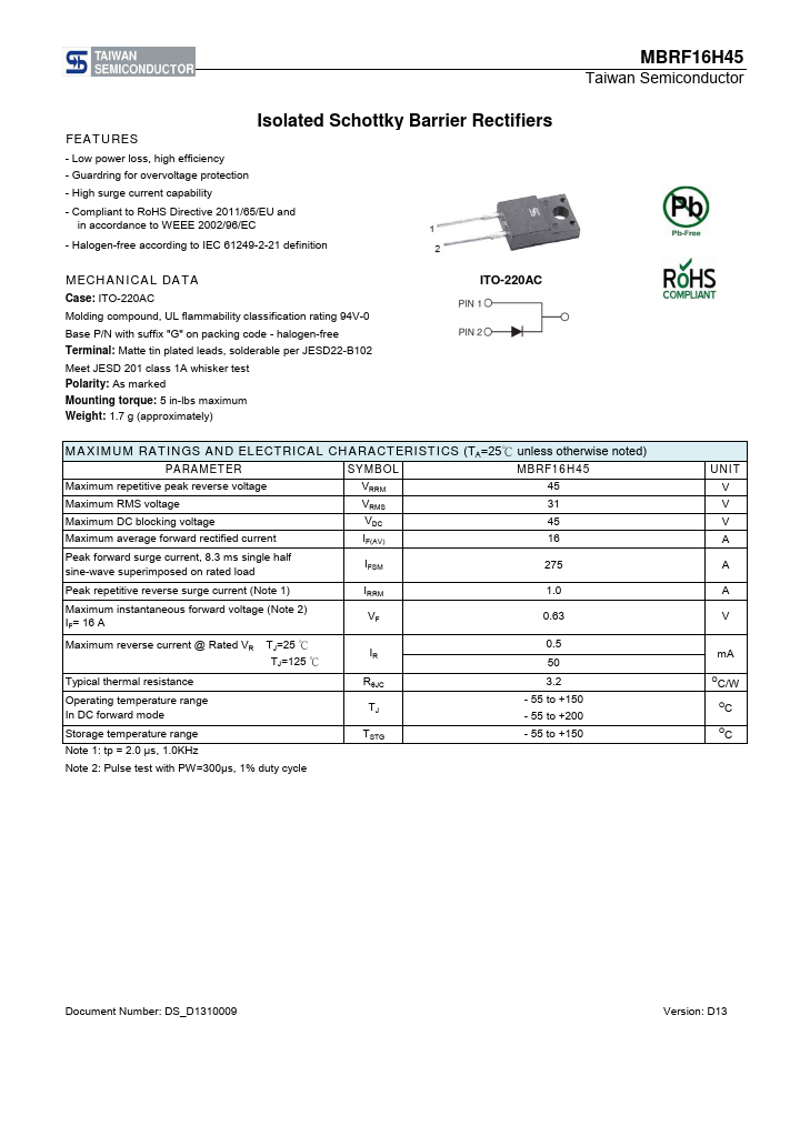MBRF16H45 Taiwan Semiconductor