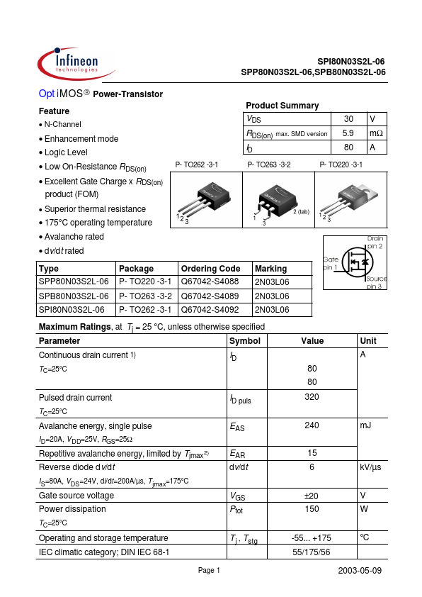 SPB80N03S2L-06 Infineon Technologies
