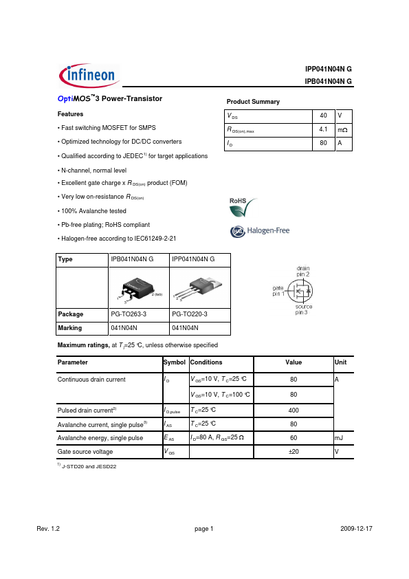 IPB041N04NG Infineon Technologies