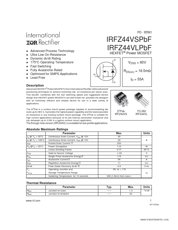 <?=IRFZ44VLPbF?> डेटा पत्रक पीडीएफ