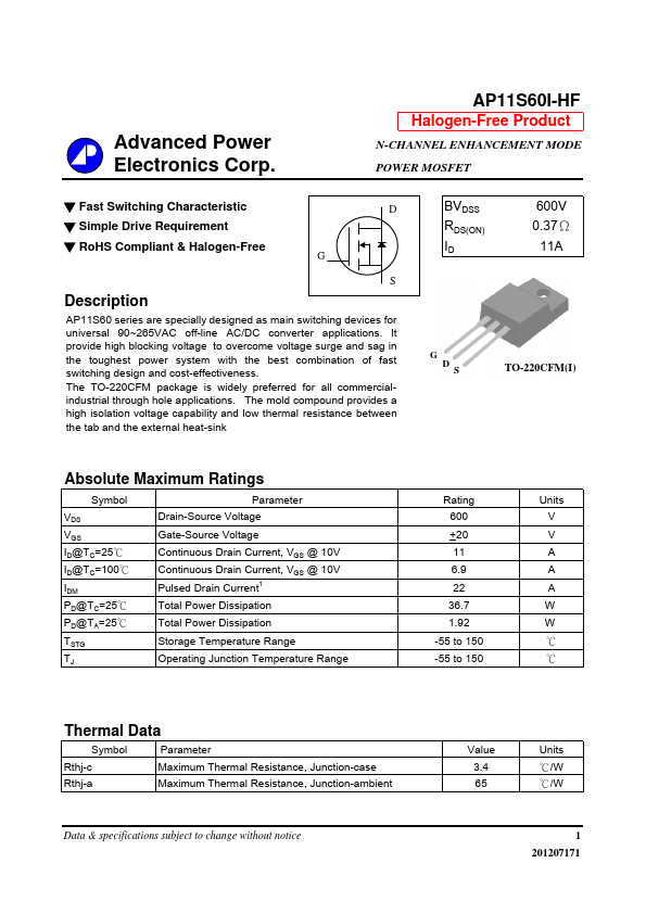 AP11S60I-HF Advanced Power Electronics