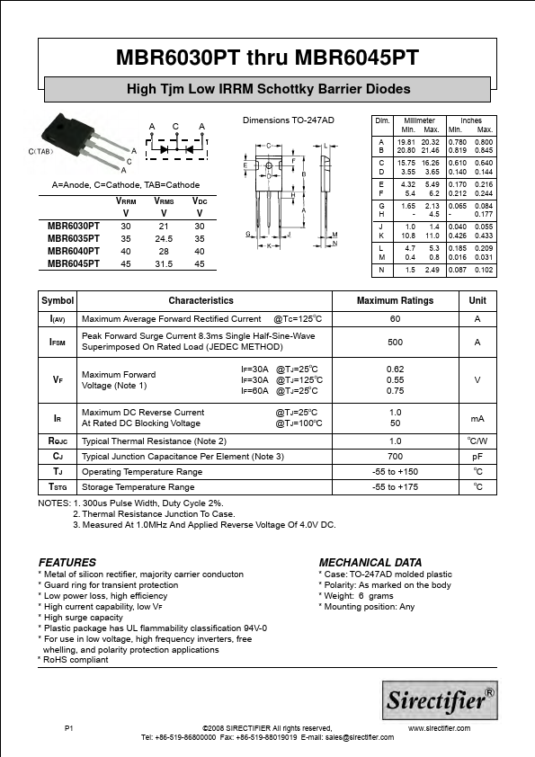 MBR6040PT SIRECTIFIER