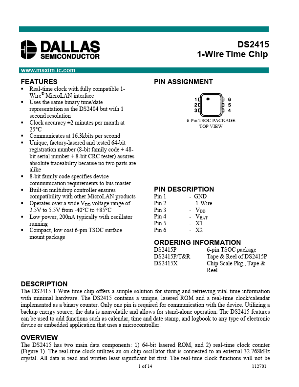 DS2415 Datasheet - 1-Wire Time Chip