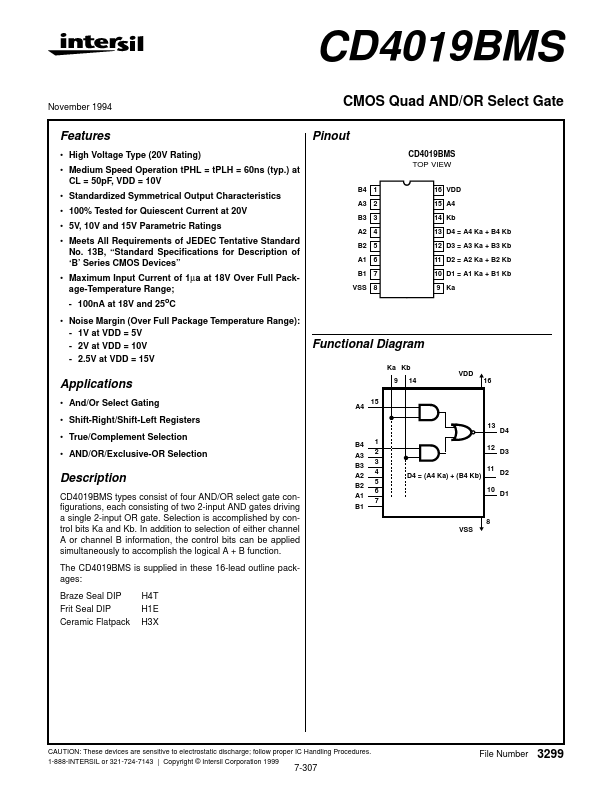 CD4019BMS Intersil Corporation