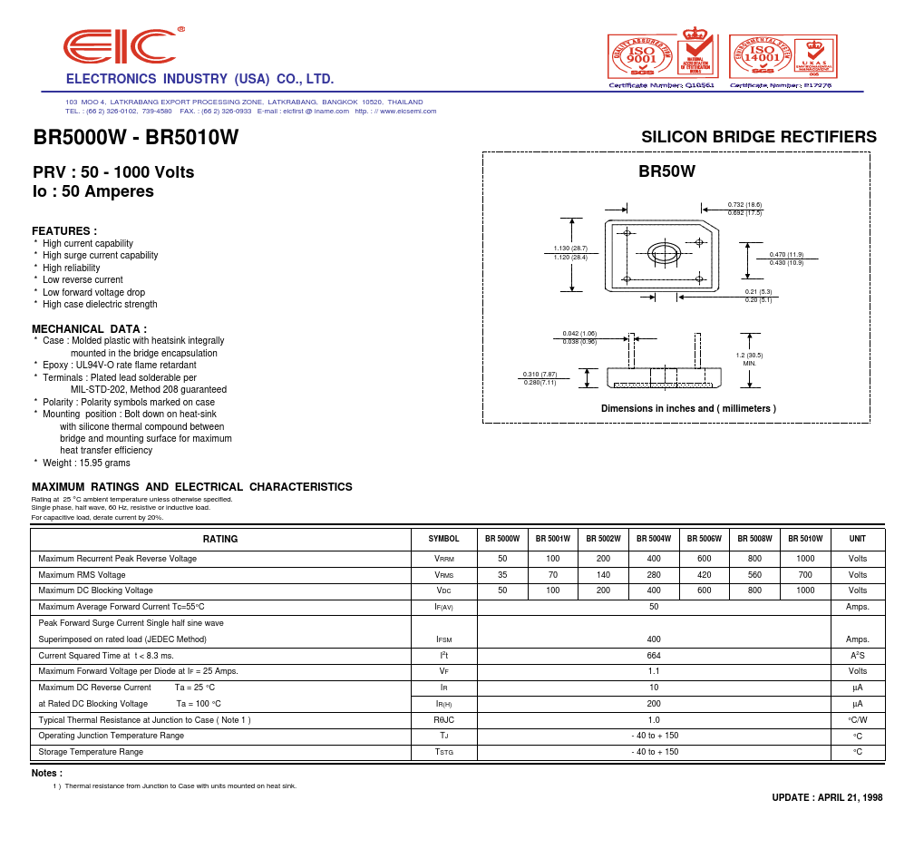 BR5001W EIC discrete Semiconductors