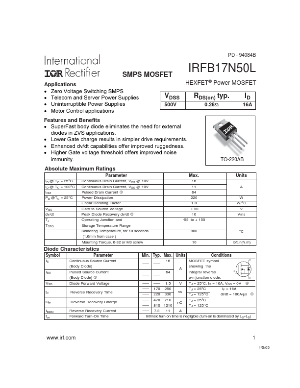 IRFB17N50L International Rectifier