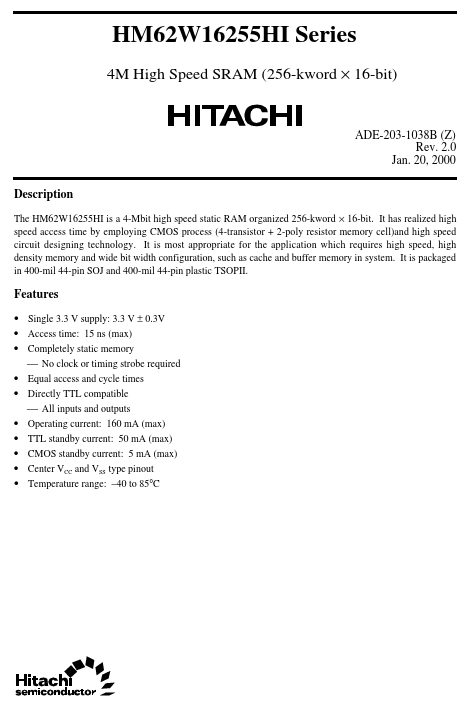 HM62W16255HI Hitachi Semiconductor
