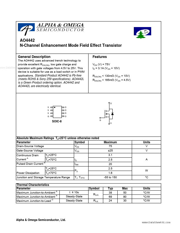 <?=AO4442?> डेटा पत्रक पीडीएफ