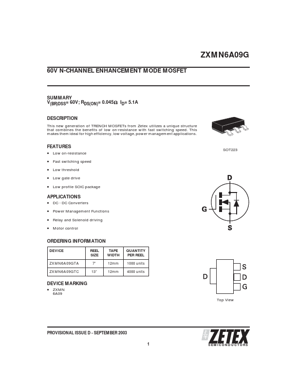 ZXMN6A09G Zetex Semiconductors