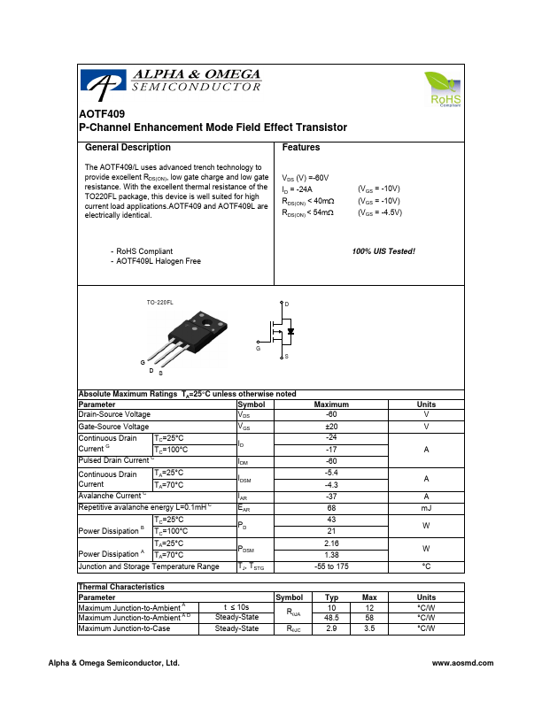 AOTF409 Alpha & Omega Semiconductors