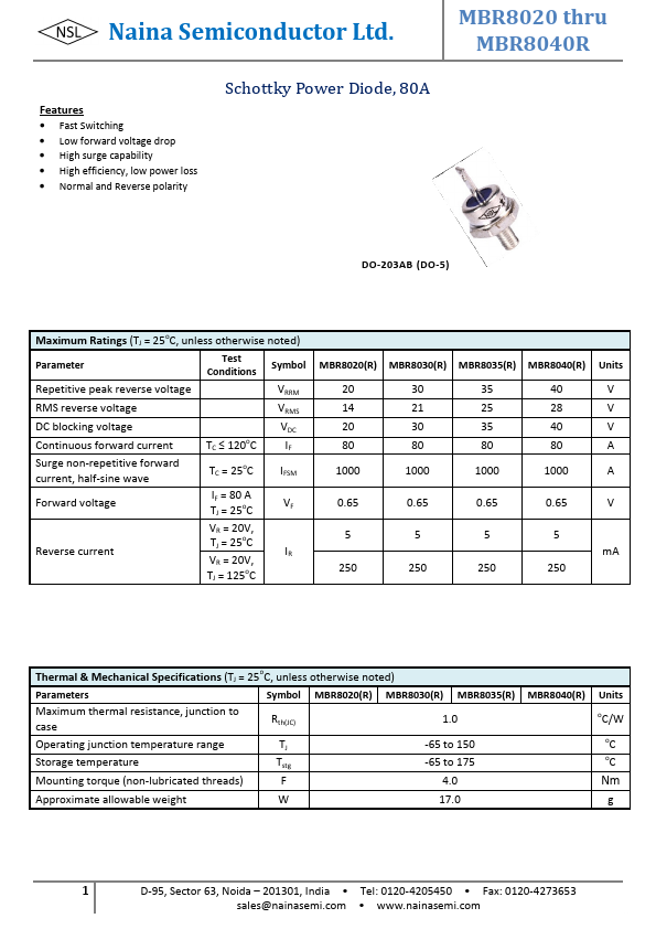 MBR8020 Naina Semiconductor