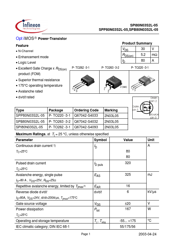 SPB80N03S2L-05 Infineon Technologies