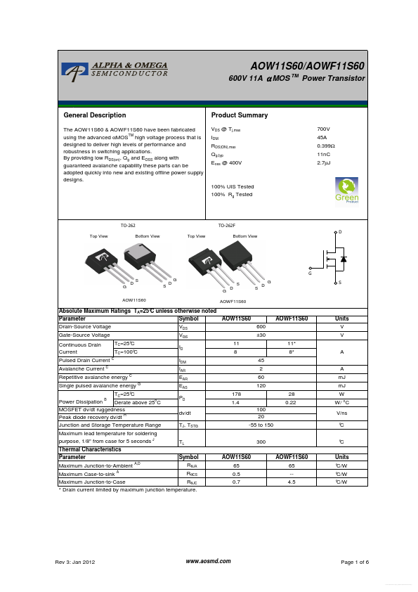 AOWF11S60 Alpha & Omega Semiconductors