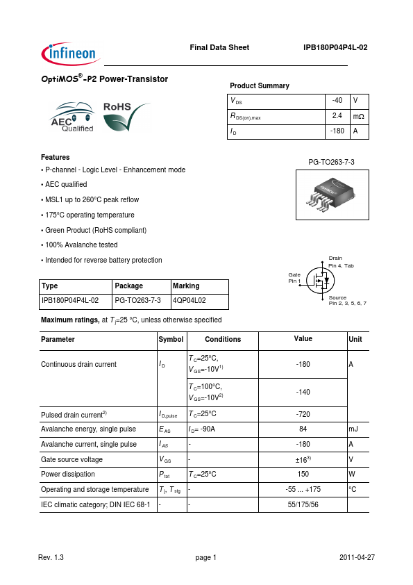 <?=IPB180P04P4L-02?> डेटा पत्रक पीडीएफ