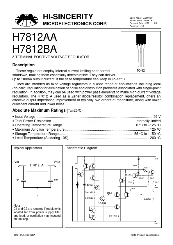 H7812BA Hi-Sincerity Mocroelectronics