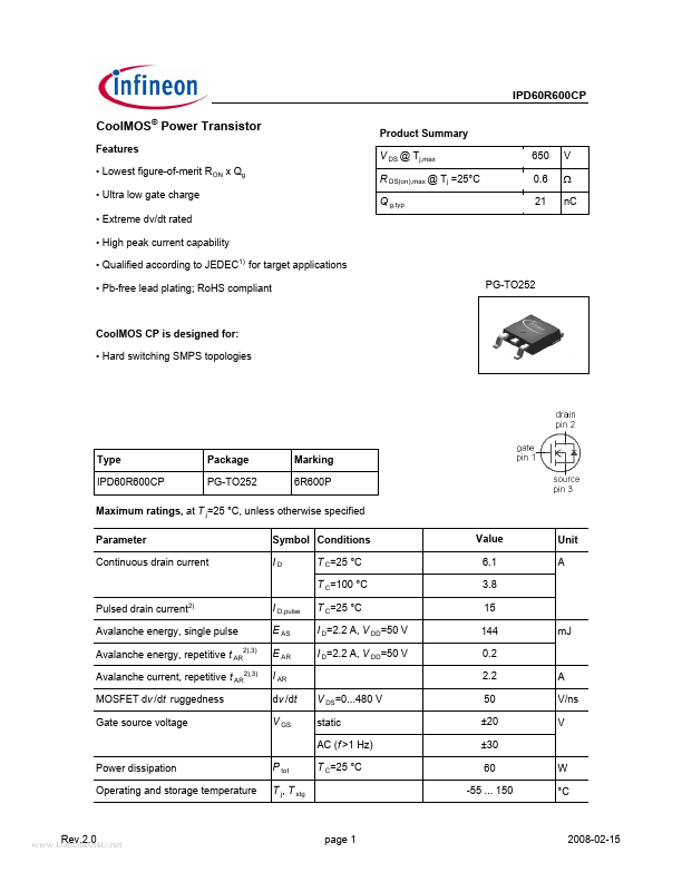 <?=IPD60R600CP?> डेटा पत्रक पीडीएफ