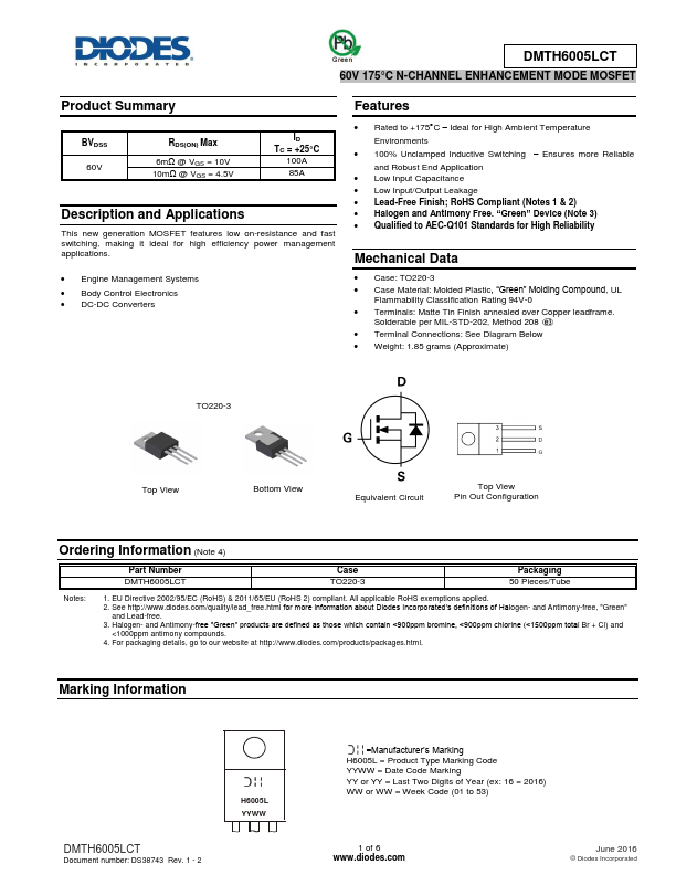 DMTH6005LCT Diodes