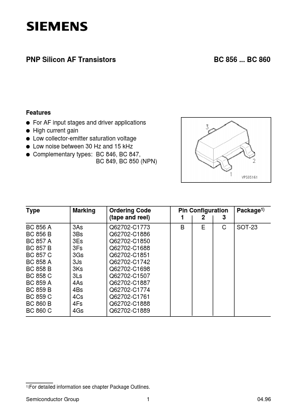 BC856B Siemens Semiconductor Group