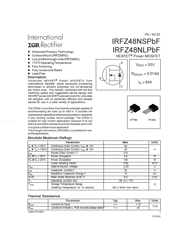 <?=IRFZ48NLPBF?> डेटा पत्रक पीडीएफ