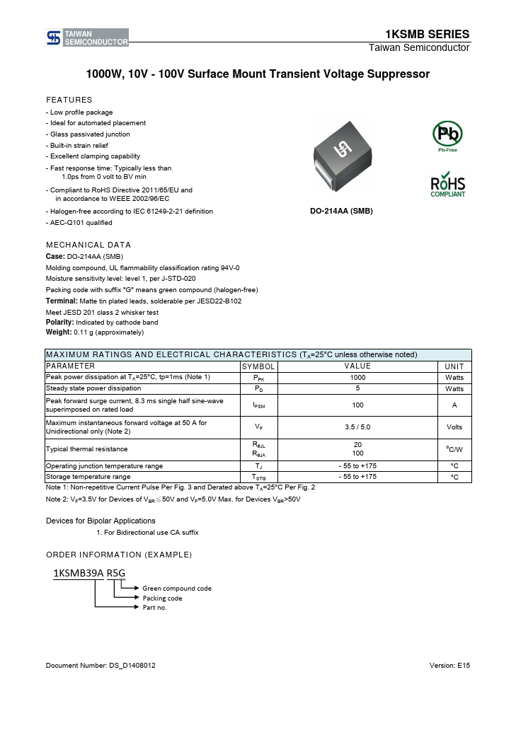 <?=1KSMB100CA?> डेटा पत्रक पीडीएफ