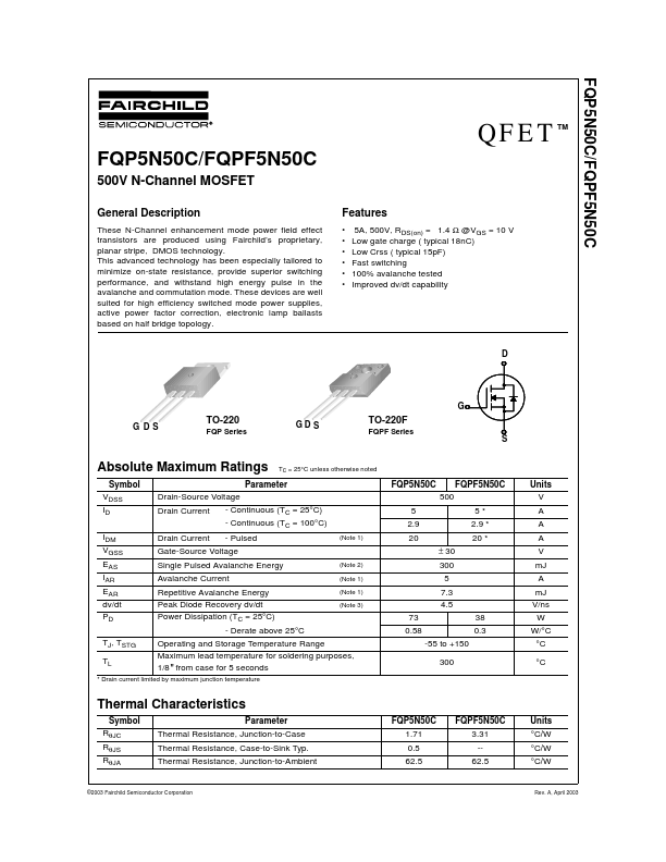 FQPF5N50C Fairchild Semiconductor