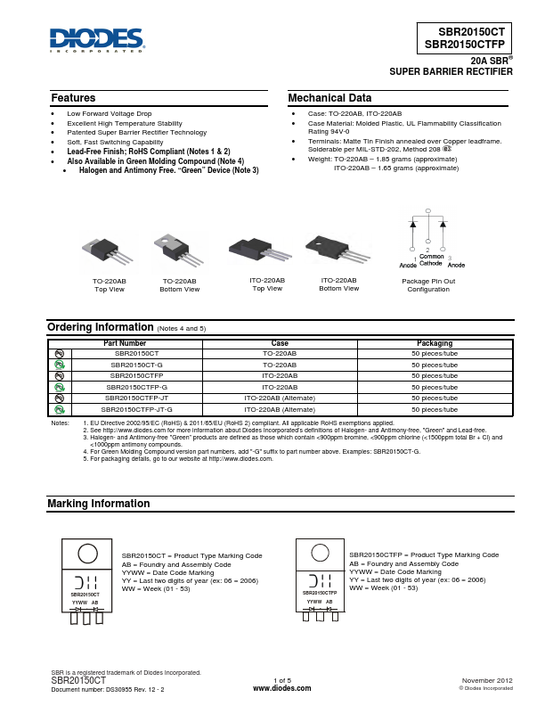 SBR20150CT Diodes Incorporated