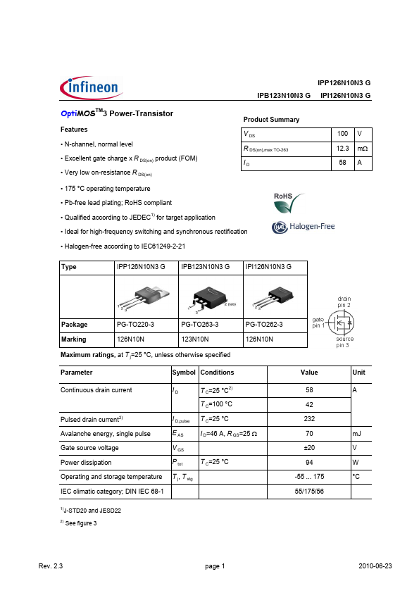 IPB123N10N3G Infineon Technologies