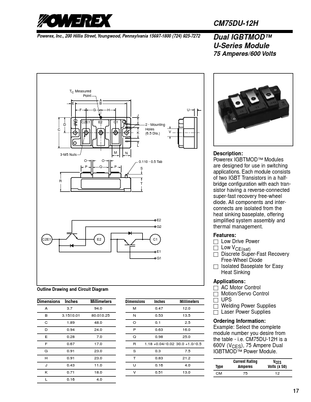 CM75DU-12H Powerex Power Semiconductors