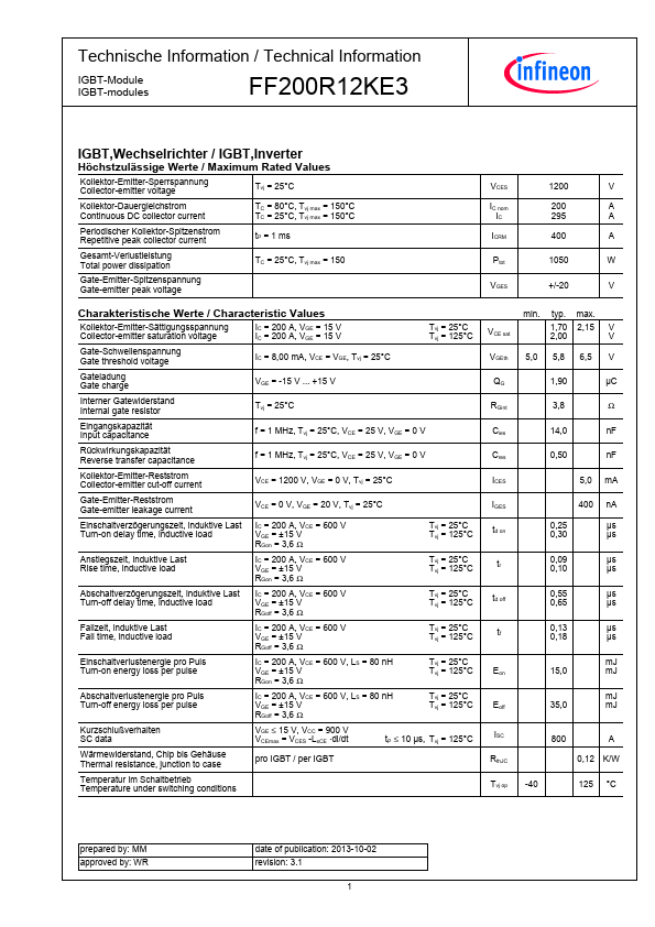 <?=FF200R12KE3?> डेटा पत्रक पीडीएफ