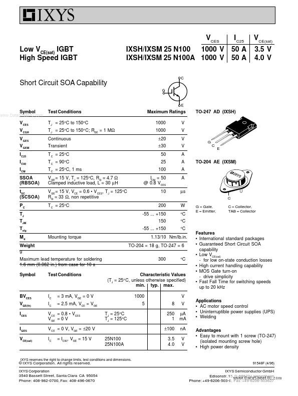 IXSH25N100A