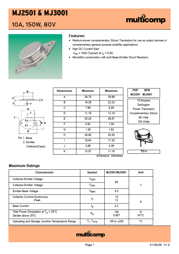 MJ3001 Transistors Datasheet pdf - Silicon Transistors. Equivalent, Catalog