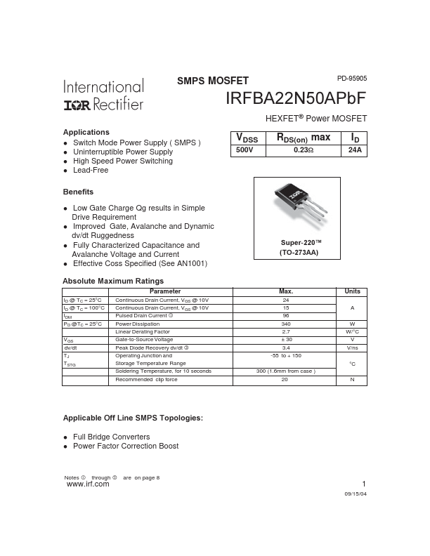 IRFBA22N50APBF International Rectifier