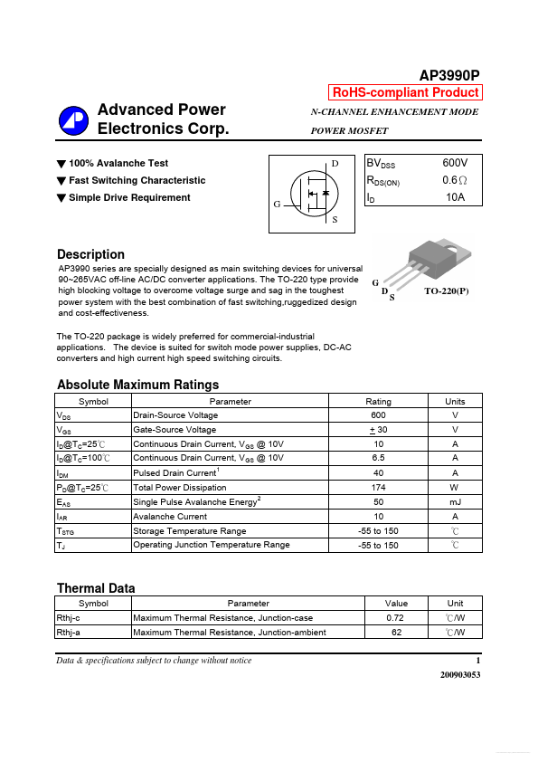 AP3990P Advanced Power Electronics