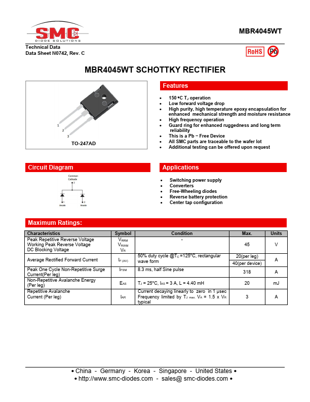 MBR4045WT SMC Diode