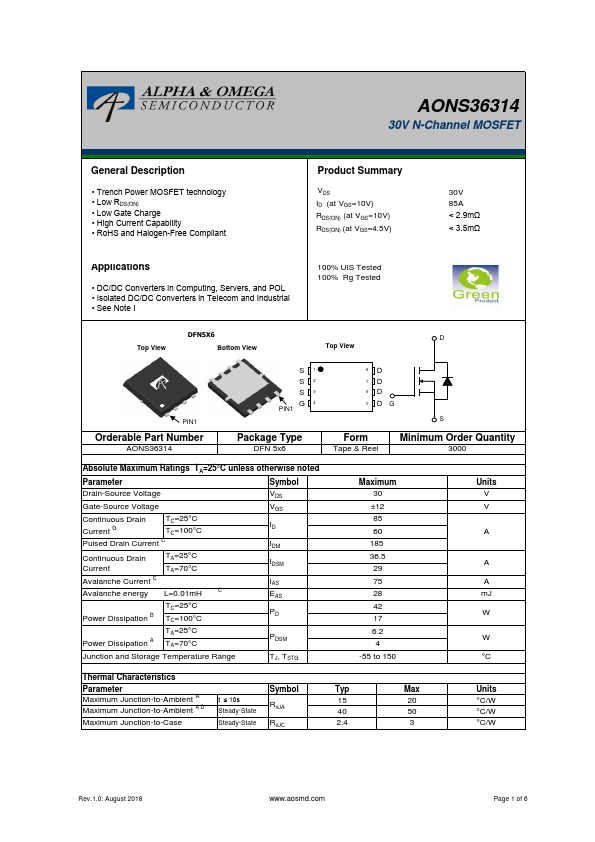 AONS36314 Alpha & Omega Semiconductors
