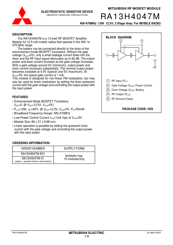 RA13H4047M Mitsubishi Electric Semiconductor