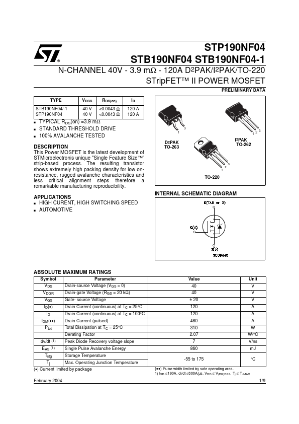 STB190NF04-1 ST Microelectronics