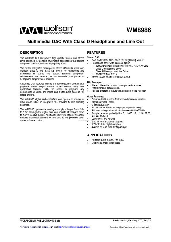 WM8986 Wolfson Microelectronics