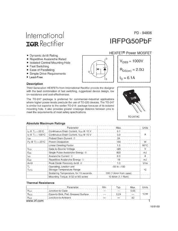 IRFPG50PBF International Rectifier