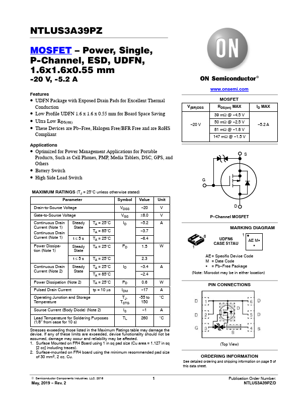 NTLUS3A39PZ ON Semiconductor