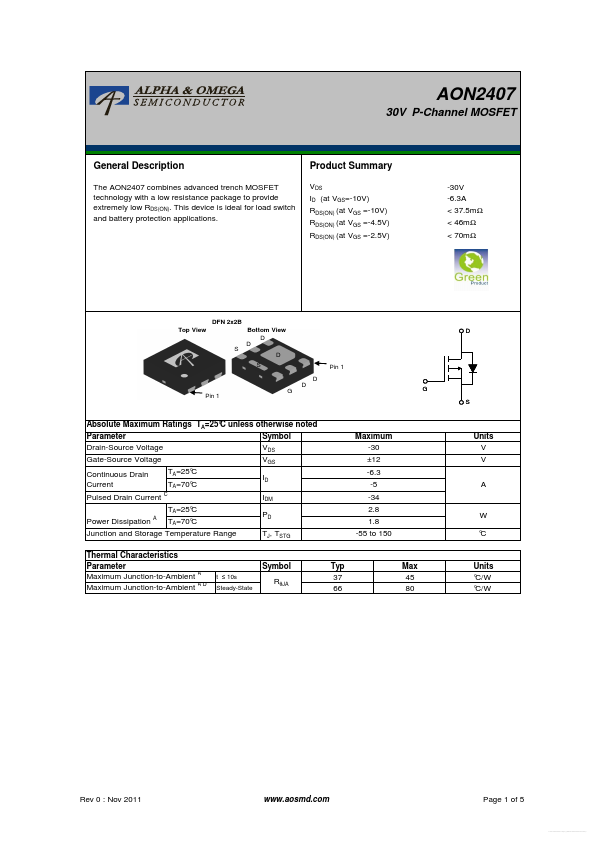 AON2407 Alpha & Omega Semiconductors