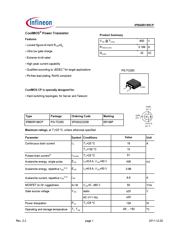 IPB60R199CP Infineon Technologies