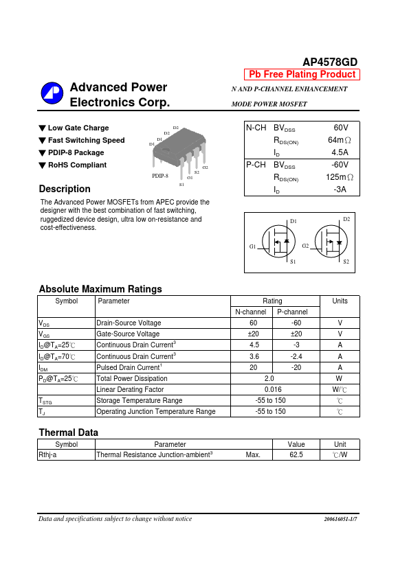 AP4578GD Advanced Power Electronics