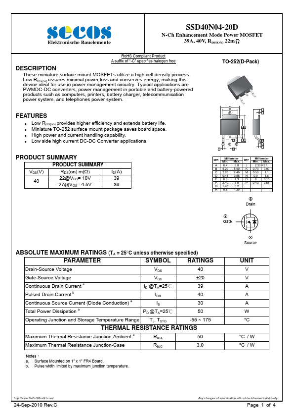 SSD40N04-20D SeCoS